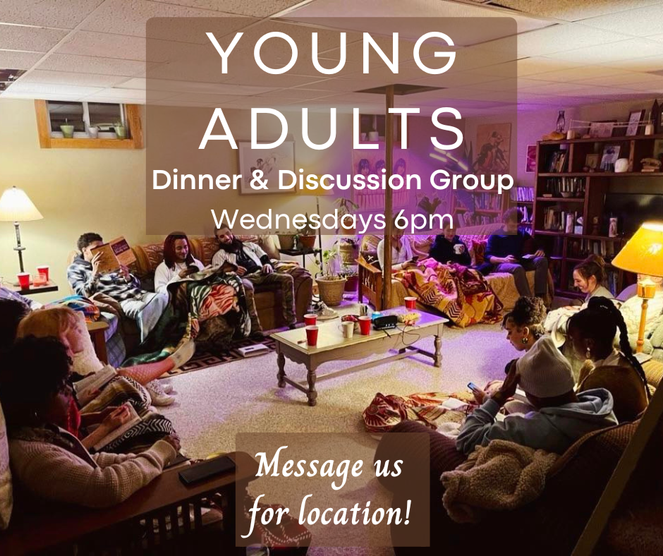 A group of young adults in a living room space, reading together for a Bible study, Dinner and discussion group, every Wednesday at 6pm.